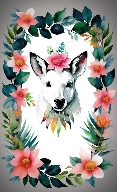 A watercolor painting of a deer with flowers and leaves.