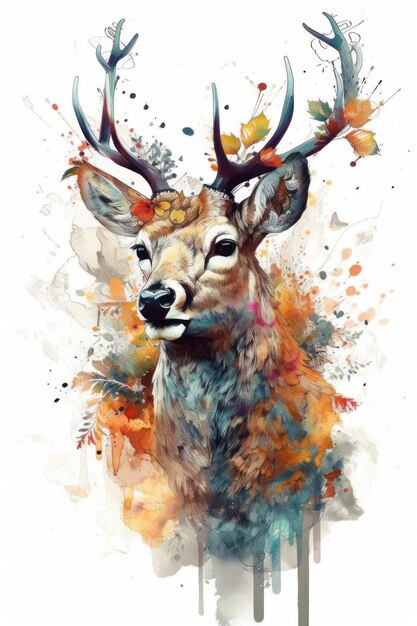 A watercolor painting of a deer with a large antlers.