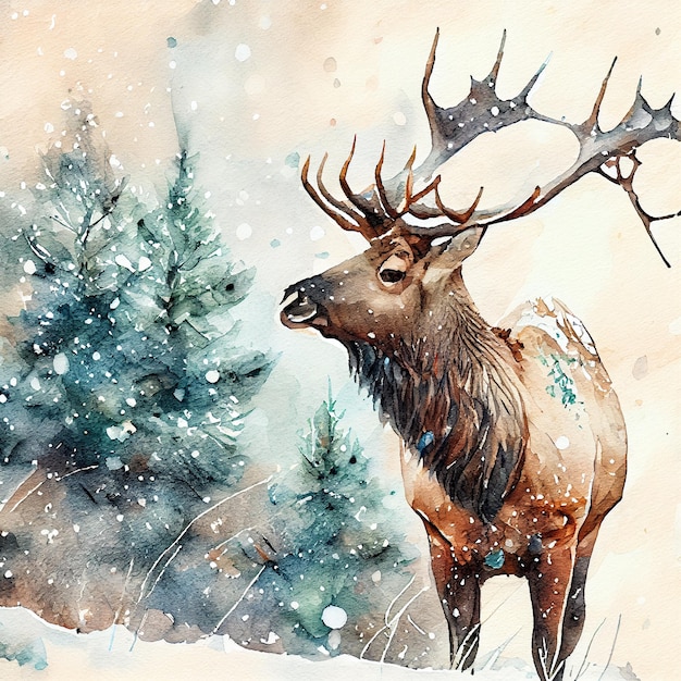 A watercolor painting of a deer with snow on the branches