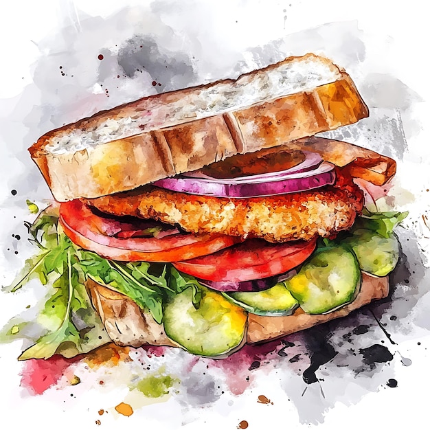 Photo watercolor painting of a delicious sandwich with fresh ingredients