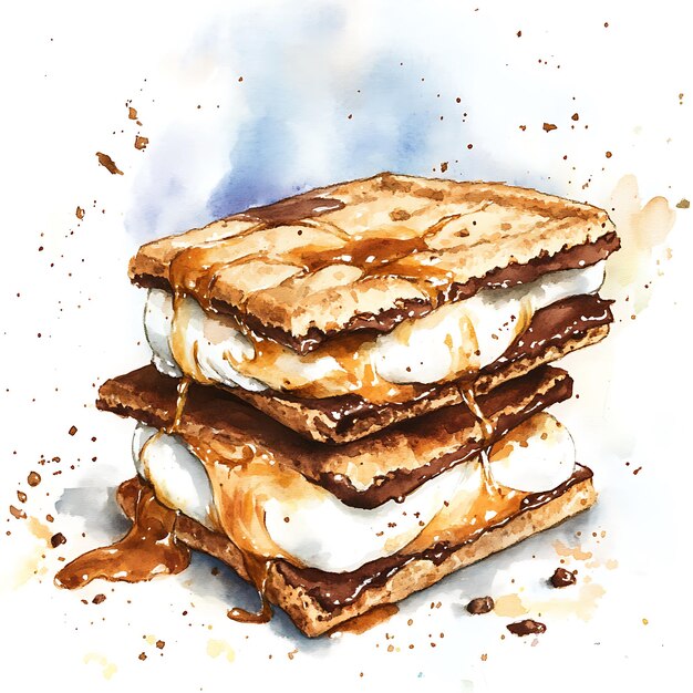 Photo watercolor painting of a delicious smore with drizzled caramel