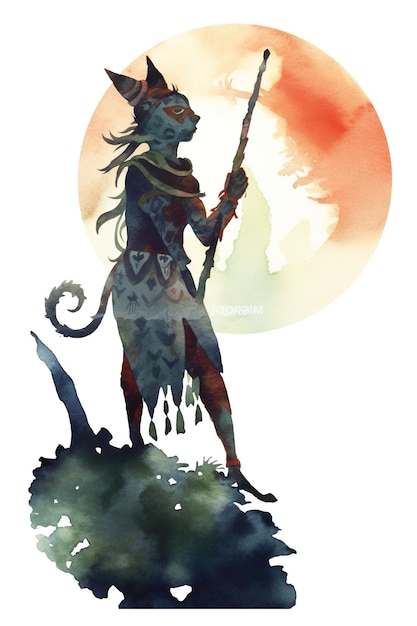 A watercolor painting of a demon holding a staff Generative AI image