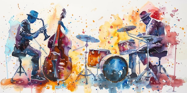 A watercolor painting depicting a jazz band playing their instruments