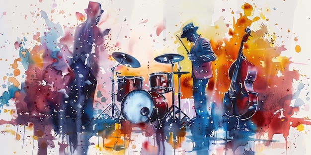 A Watercolor Painting Depicting A Jazz Band With A Drummer A Bass Player And A Saxophone Player