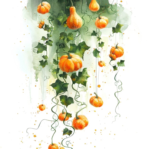 Photo a watercolor painting depicting a pumpkin and its vines