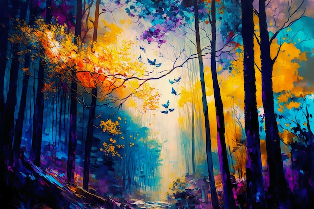 Watercolor painting digital art high quality of a forest with birds.