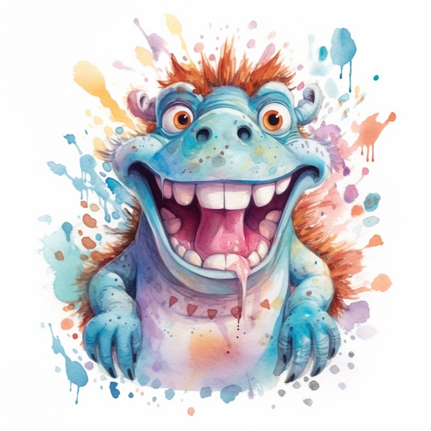 A watercolor painting of a dinosaur with a blue face and a white mouth.