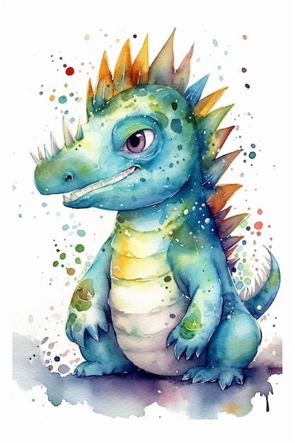 A watercolor painting of a dinosaur with a green dragon on its head.