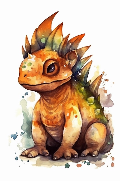 A watercolor painting of a dinosaur with a green head and a spiky tail.