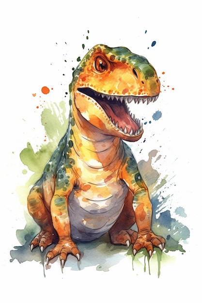 A watercolor painting of a dinosaur with a green and white striped shirt.