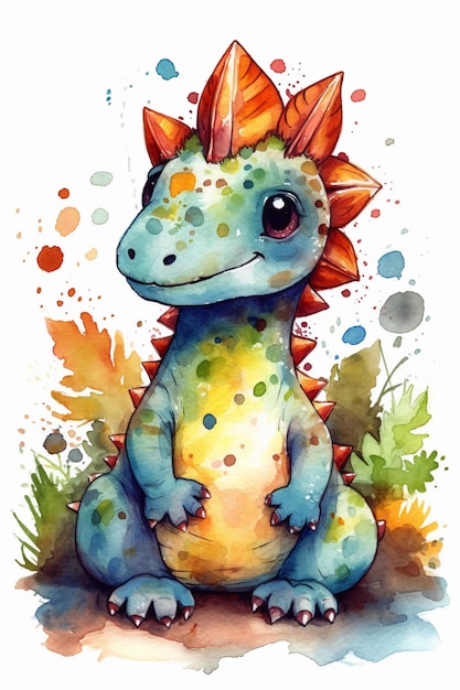 A watercolor painting of a dinosaur with a red mane.