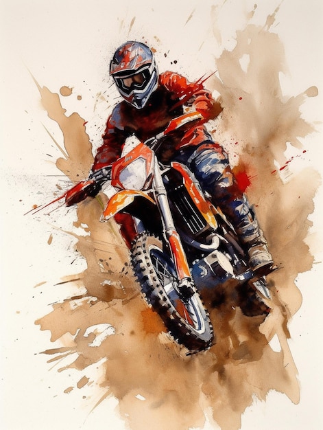 A watercolor painting of a dirt bike rider with goggles and a helmet.