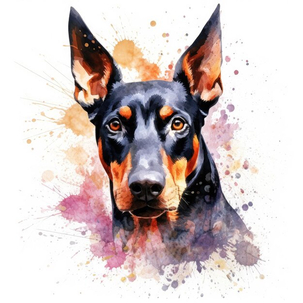 Photo watercolor painting of doberman dog