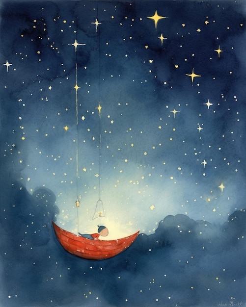 Photo a watercolor painting of a dog in a red boat floating in the night sky.