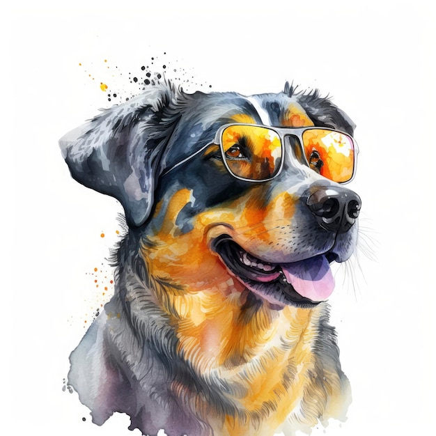 A watercolor painting of a dog wearing sunglasses and a yellow and black dog wearing sunglasses.