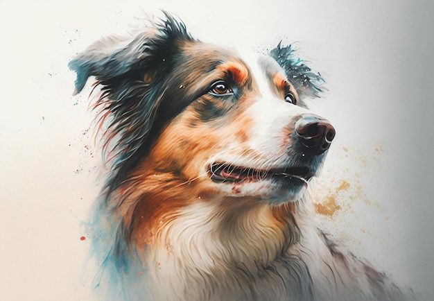 A watercolor painting of a dog with a blue face and brown eyes.