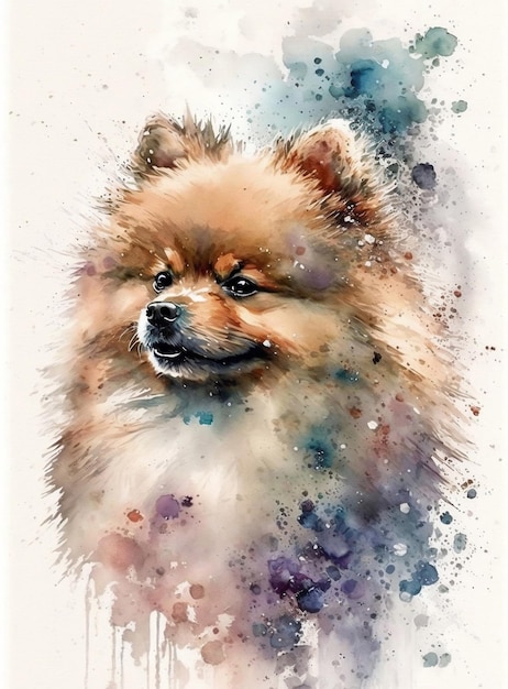 Watercolor painting of a dog with a blue and purple background.