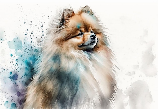 Watercolor painting of a dog with blue and white hair