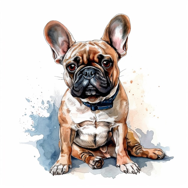 A watercolor painting of a dog with a collar that says'french bulldog'on it