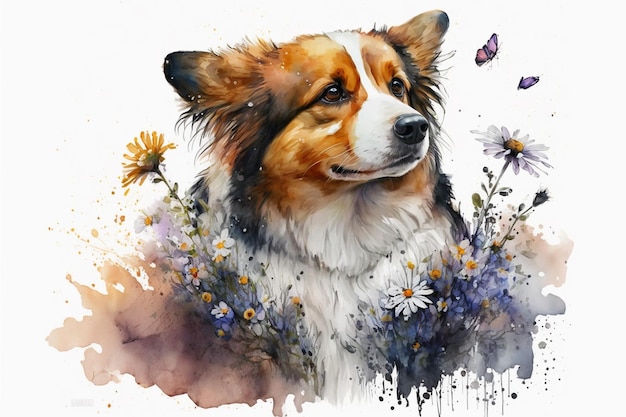 A watercolor painting of a dog with flowers and butterflies.