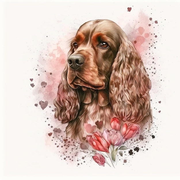 Photo a watercolor painting of a dog with a tulip in the middle.