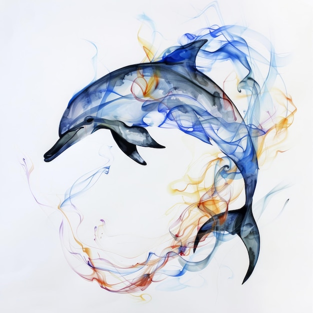 Watercolor painting of a dolphin leaping through abstract colorful smoke