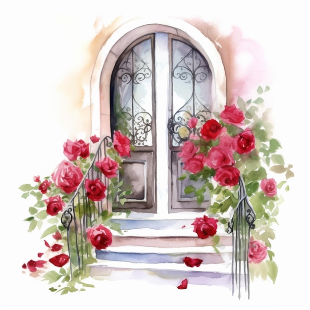 A watercolor painting of a door with red flowers and a railing with a red flower.