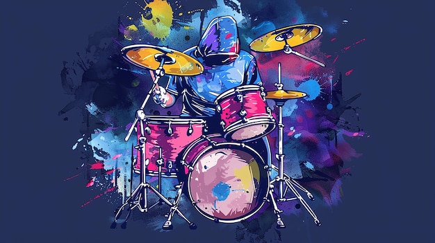 Photo a watercolor painting of a drums music player playing on blue color background