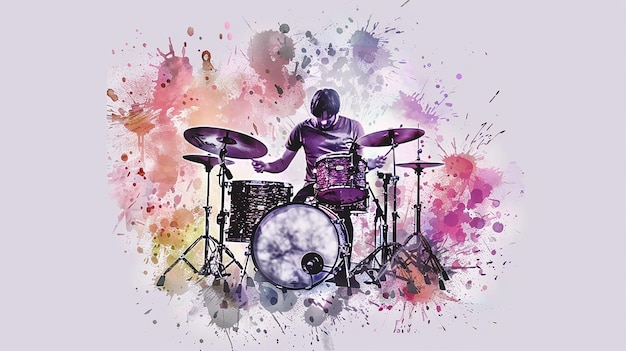 Photo a watercolor painting of a drums music player playing on light purple color background