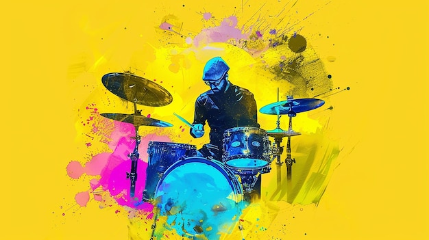 Photo a watercolor painting of a drums music player playing on light yellow color background