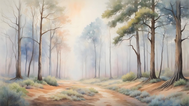 a watercolor painting of a dry tree forest landscape fog background pattern