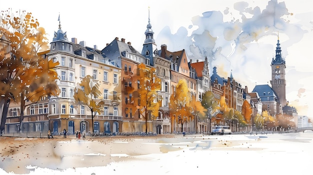 Watercolor Painting of Dusseldorfs Historic Buildings and Streetscape