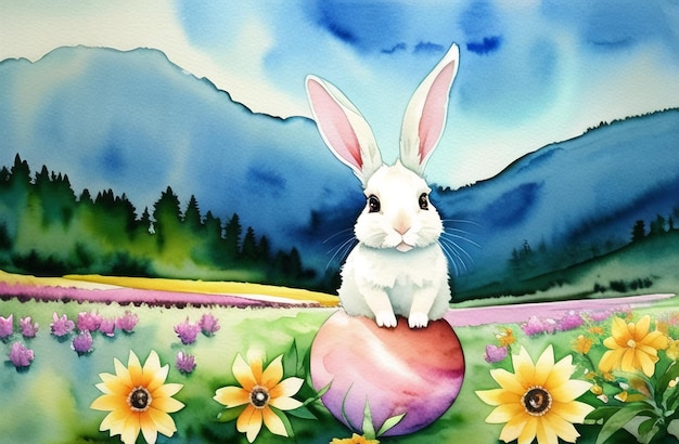 Watercolor painting Easter bunny Eggs Landscape Easter theme Design Happy Easter AI Generated