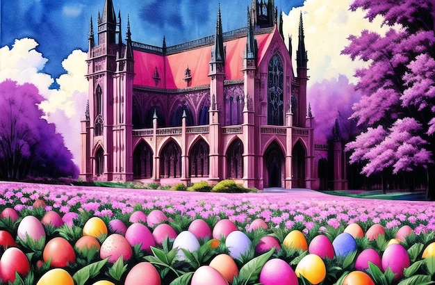 Watercolor painting Easter bunny Eggs Nature Landscapes Happy easter day Cute bunny AI Generated