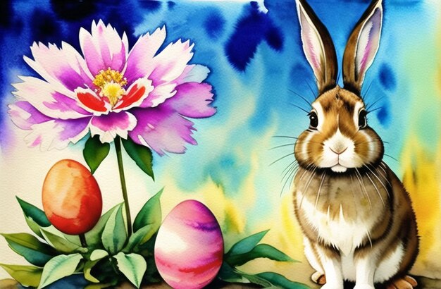 Watercolor painting Easter bunny Eggs Nature Landscapes Happy easter day Cute bunny AI Generated