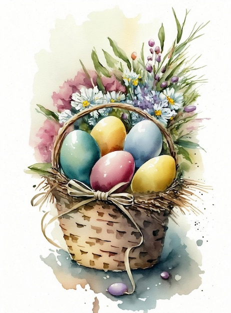 A watercolor painting of easter eggs in a basket