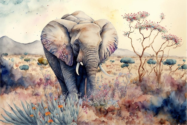 Watercolor painting of an elephant in a field generative ai