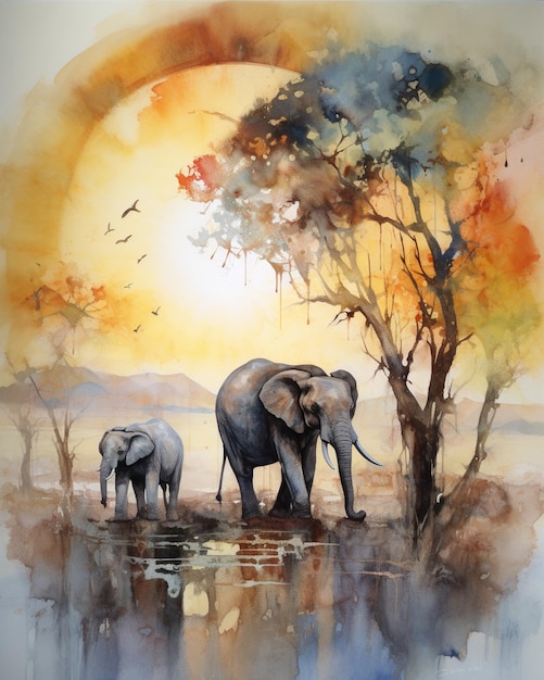 Watercolor painting of elephants in the water