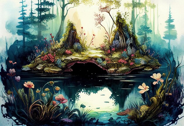 A watercolor painting of an enchanted fairytale forest with trees anda river