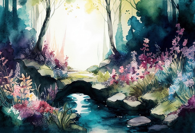 A watercolor painting of an enchanted fairytale forest with trees anda river