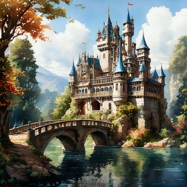 Watercolor painting of a fairy tale castle on the shore of the lake