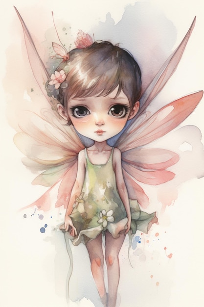 A watercolor painting of a fairy with a flower on her dress.