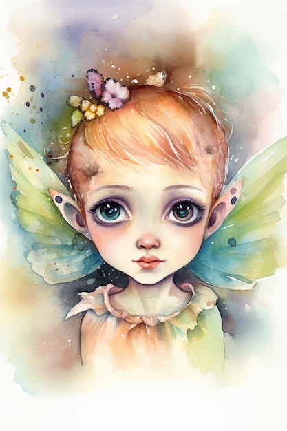 A watercolor painting of a fairy with a green dress and blue eyes.