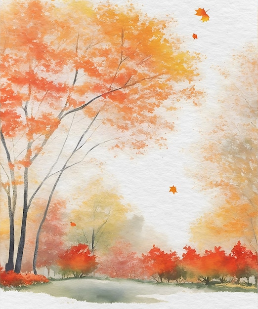 Watercolor Painting of Falling Leaves in a Forest