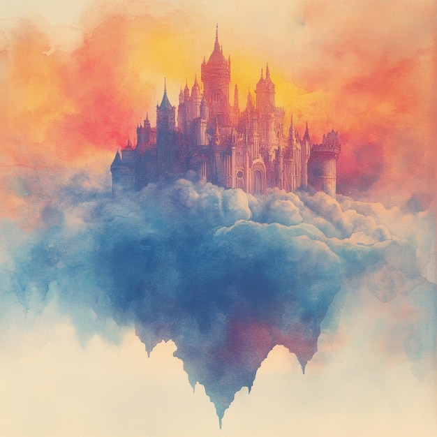 Photo watercolor painting of a fantasy castle in the clouds