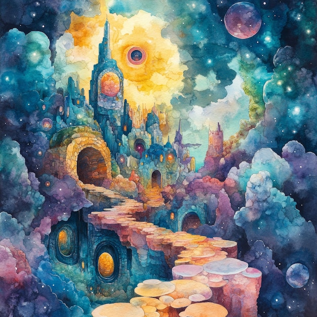 Watercolor Painting of a Fantasy City in the Stars