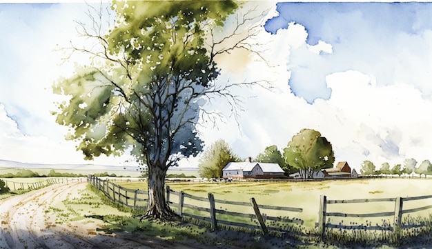 A watercolor painting of a farm scene.