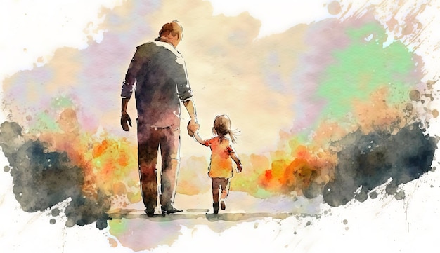 A watercolor painting of a father and daughter holding hands