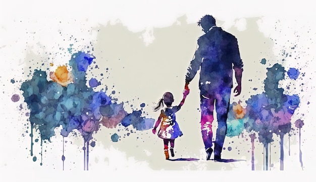 A watercolor painting of a father and daughter walking in the park.