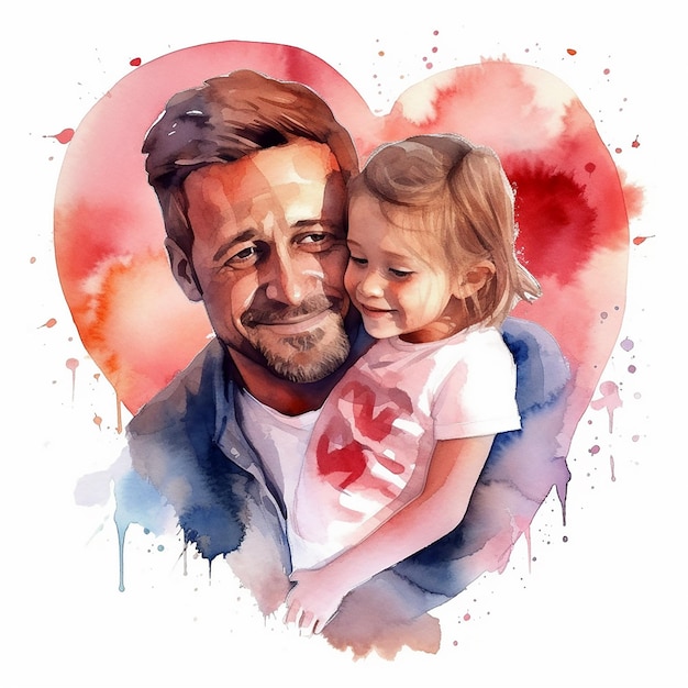 A watercolor painting of a father and son giving a heart balloon to each other For Fathers' day